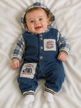 Vintage 1990s Viv Kids Denim & Plaid Hooded Romper Baby 3–6 Months